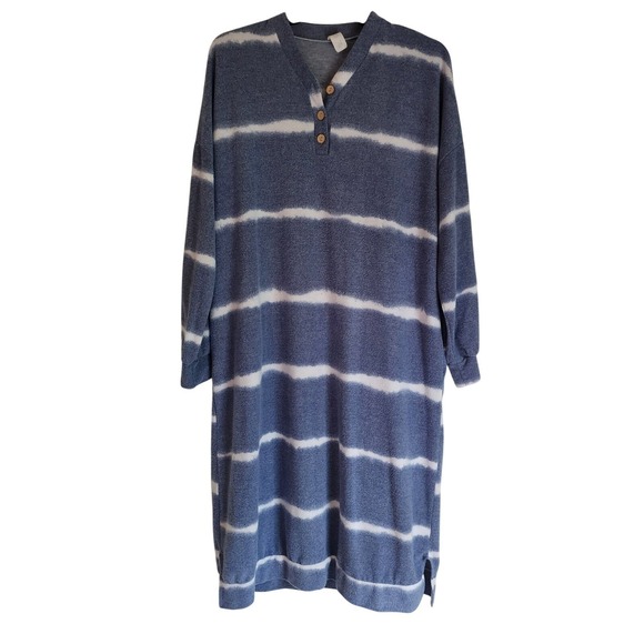Oh So Modest Dresses & Skirts - Oh So Modest 2X Midi Dress Blue White Stripe Cozy Henley Pockets Long Sleeves